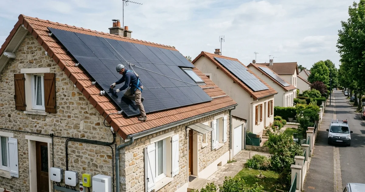 Maison individuelle à Montreuil avec panneaux solaires en toiture, illustration d'un projet photovoltaïque en Seine-Saint-Denis en 2026. Maison individuelle à Montreuil avec panneaux solaires en toiture, illustration d'un projet photovoltaïque en Seine-Saint-Denis en 2026.