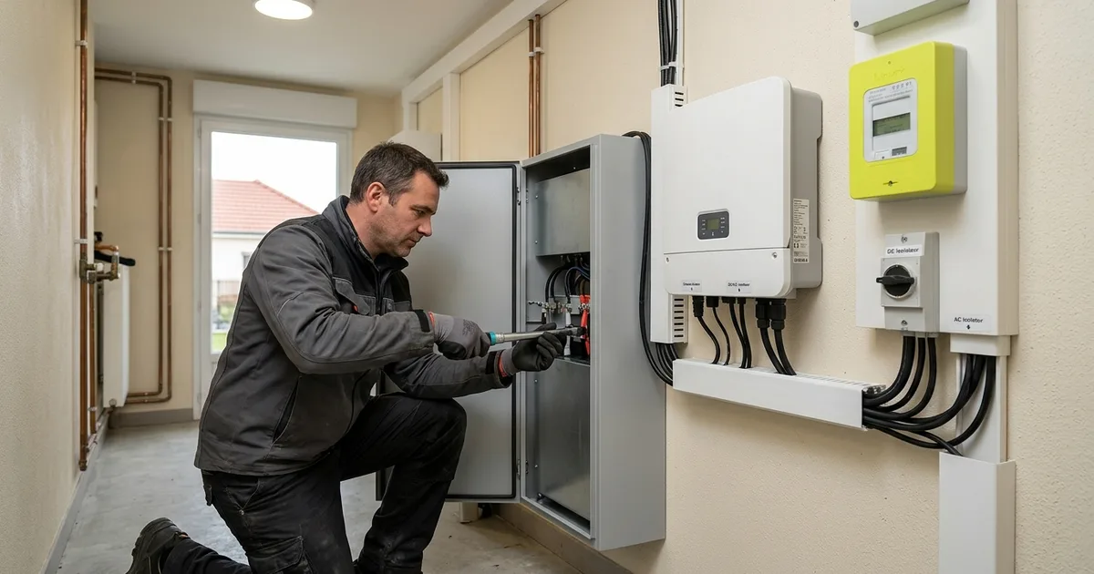 Batterie de stockage solaire installée dans un pavillon de Montreuil en Seine-Saint-Denis, avec panneau de monitoring et installation photovoltaïque en toiture. Batterie de stockage solaire installée dans un pavillon de Montreuil en Seine-Saint-Denis, avec panneau de monitoring et installation photovoltaïque en toiture.