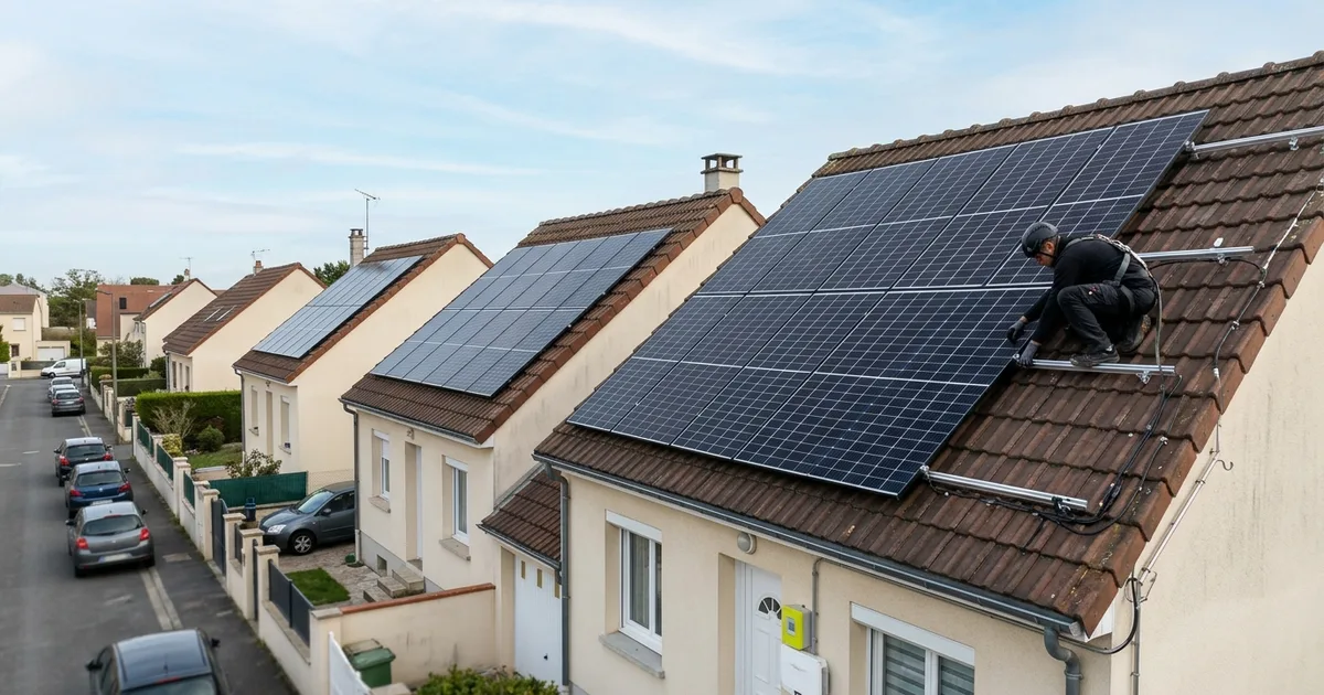 Technicien professionnel nettoyant des panneaux solaires sur une toiture à Montreuil en Seine-Saint-Denis avec une perche télescopique et eau déminéralisée. Technicien professionnel nettoyant des panneaux solaires sur une toiture à Montreuil en Seine-Saint-Denis avec une perche télescopique et eau déminéralisée.