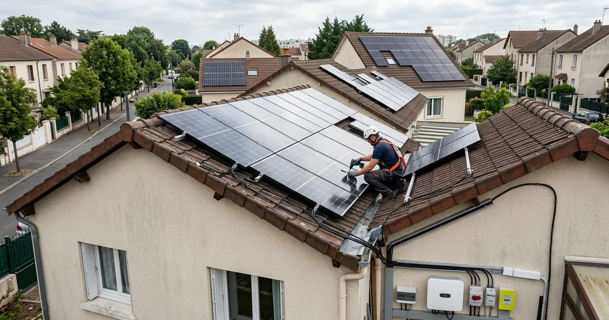 Panneaux solaires installés sur toiture d'une maison individuelle à Montreuil en Seine-Saint-Denis, avec onduleur et compteur Linky, illustration du coût d'une installation photovoltaïque en 2026. Panneaux solaires installés sur toiture d'une maison individuelle à Montreuil en Seine-Saint-Denis, avec onduleur et compteur Linky, illustration du coût d'une installation photovoltaïque en 2026.