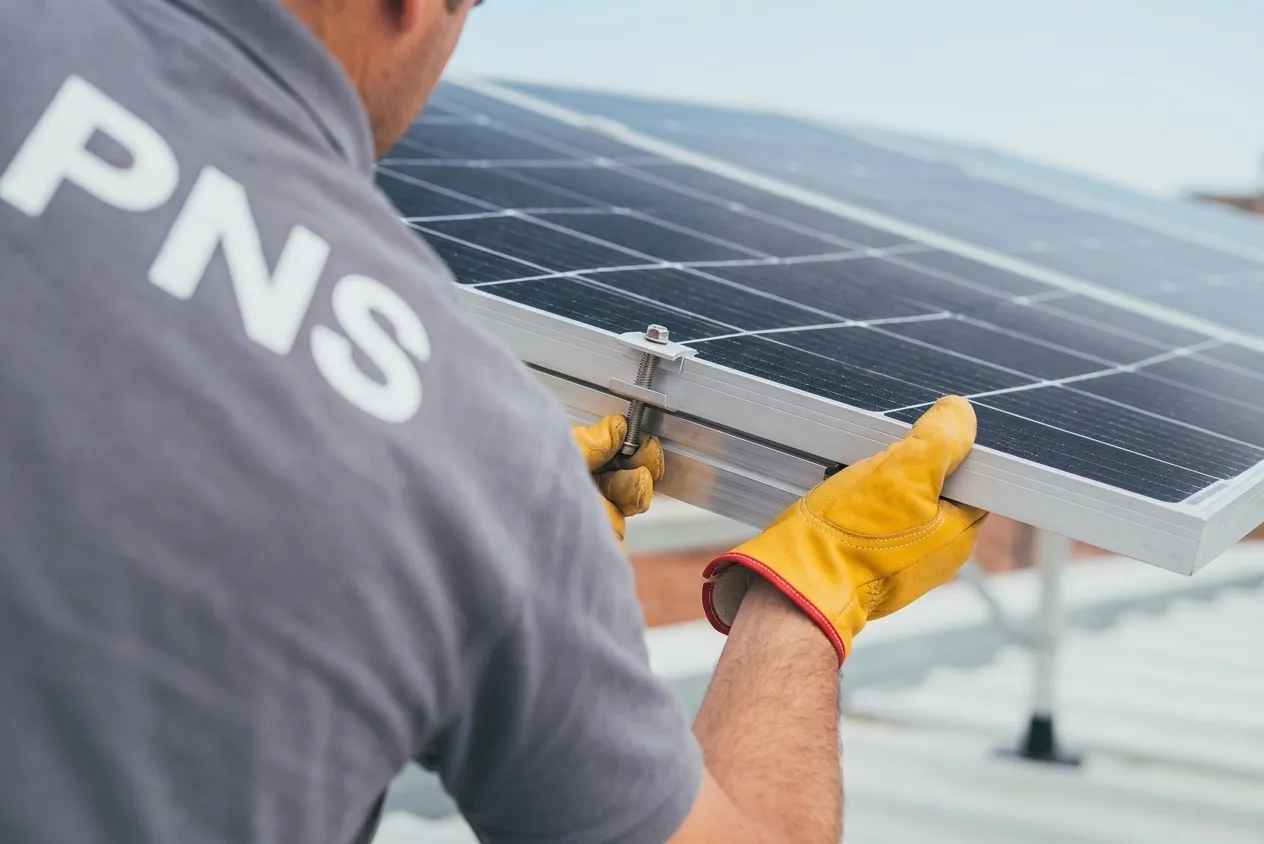 Gros plan technique pose rails de panneaux solaires PNS à Montreuil